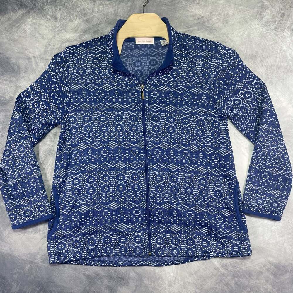 Stan Herman Zip Jacket Size L (12/14) Blue White Print Fleece